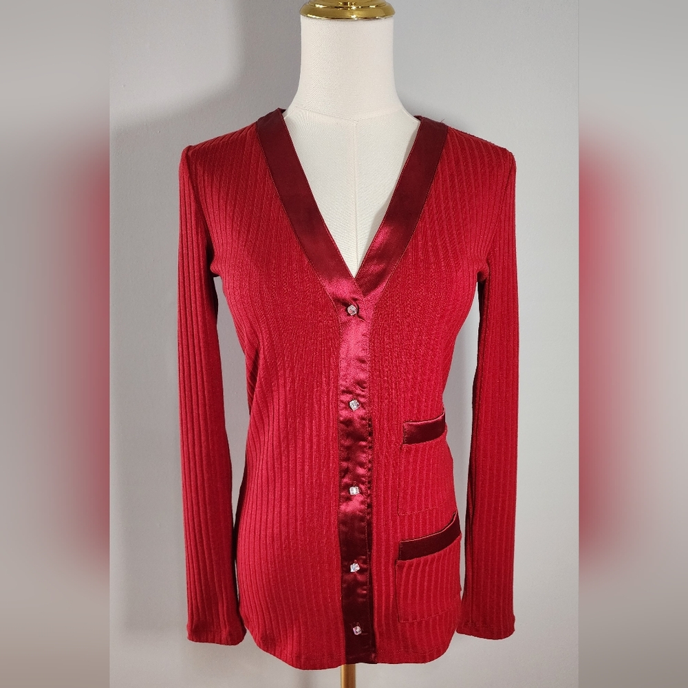 Area Stars Red Ribbed Cardigan With Satin Trim And Rhinestone Buttons Size XS